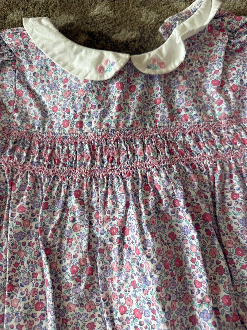 JoJo Maman Bebe Pink and White Floral Smocked Dress with matching bloomers - Picture 2 of 4